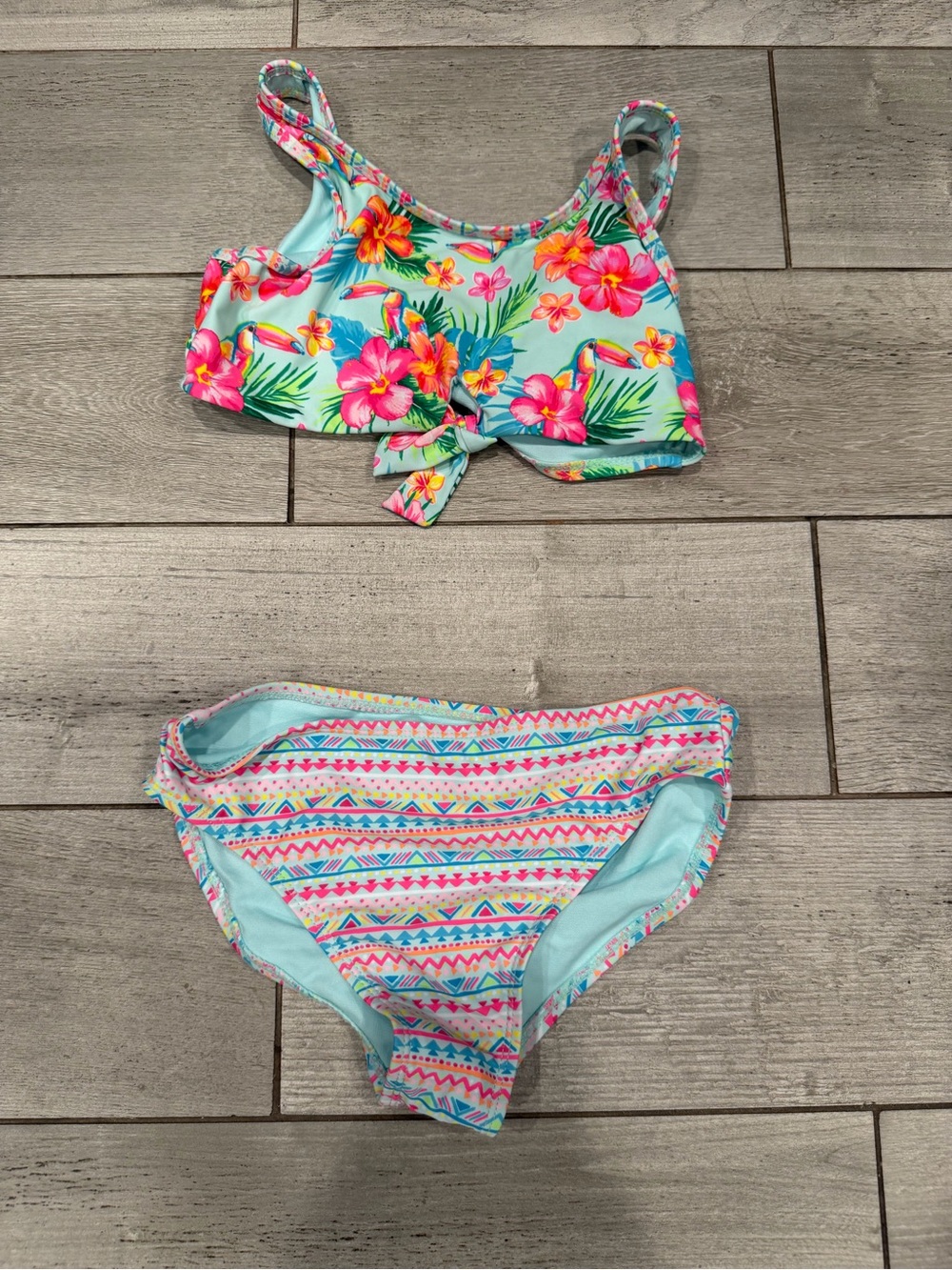 wonder nation Aqua Floral & Stripe Girls Two-Piece Bikini